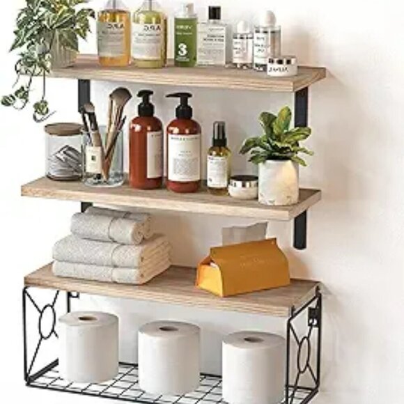 Bathroom Shelves Over Toilet with Storage Basket Floating Shelves Wall Organizer - Picture 1 of 1